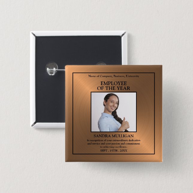 Rose Gold/Personalised Photo - Employee Award 2 Inch Square Button (Front & Back)