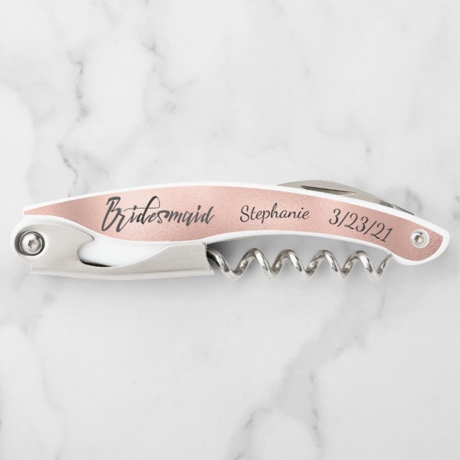 Rose Gold  Personalized Bridesmaid Wedding Custom Corkscrew (Front)