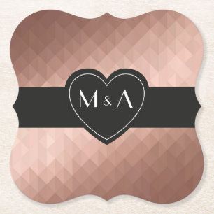 Rose gold personalized couple's monograms in heart paper coaster