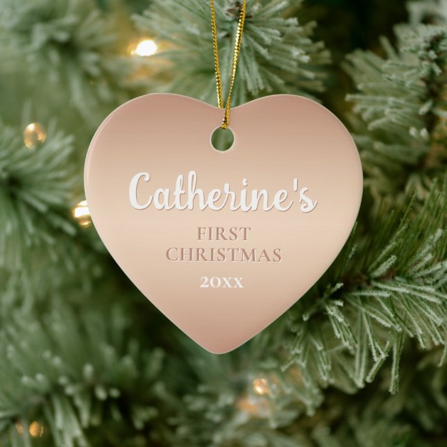 Rose Gold Personalized First Christmas Heart  Ceramic Ornament (Tree)