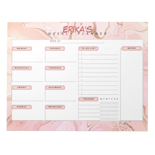 Rose Gold Personalized Weekly Planner Notepad (Front)