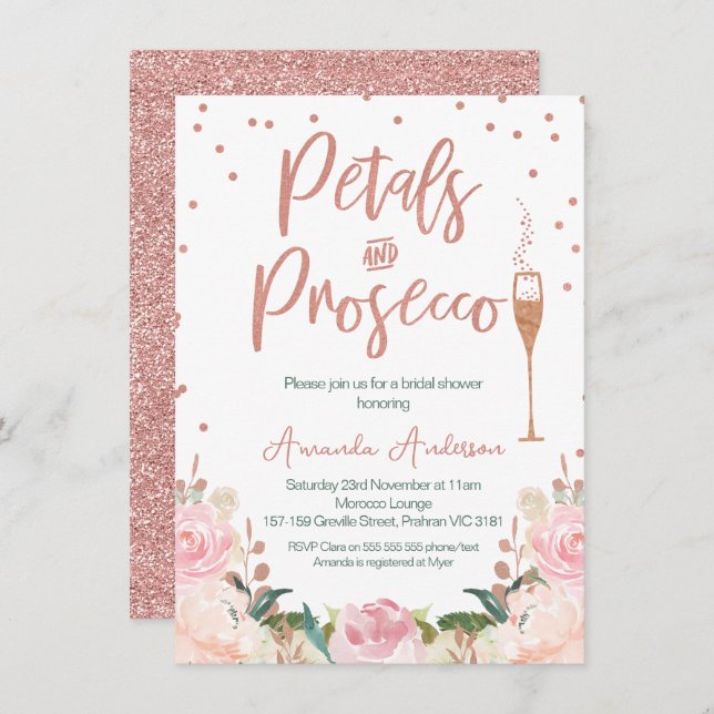 Rose Gold Petals Prosecco Bridal Shower Invitation (Front/Back)