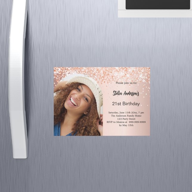 Rose gold photo arch confetti birthday magnetic invitation (Creator Uploaded)