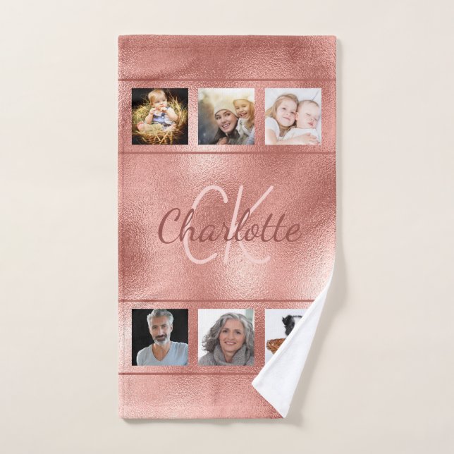 Rose gold photo collage monogram script hand towel (Hand Towel)