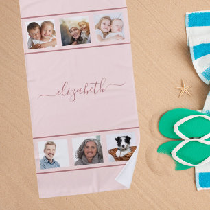 Rose gold photo collage name script beach towel