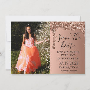 Rose Gold Photo Glitter Drips Quinceanera  Save The Date