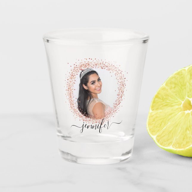 Rose gold photo glitter name script shot glass (Front)