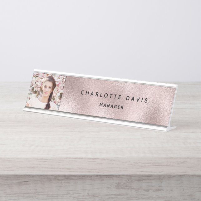 Rose gold photo monogram modern employee desk name plate (Front)