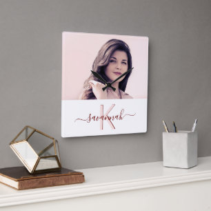 Rose gold photo monogrammed modern square wall clock