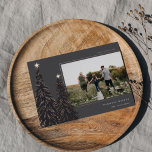 Rose Gold Pine | Elegant Christmas Photo Foil Holiday Card<br><div class="desc">A modern and elegant Christmas holiday card design featuring a horizontal photo on a charcoal grey background adorned with pine trees trimmed with rose gold foil and topped with stars. Personalize with your custom holiday greeting,  family name and the year.</div>