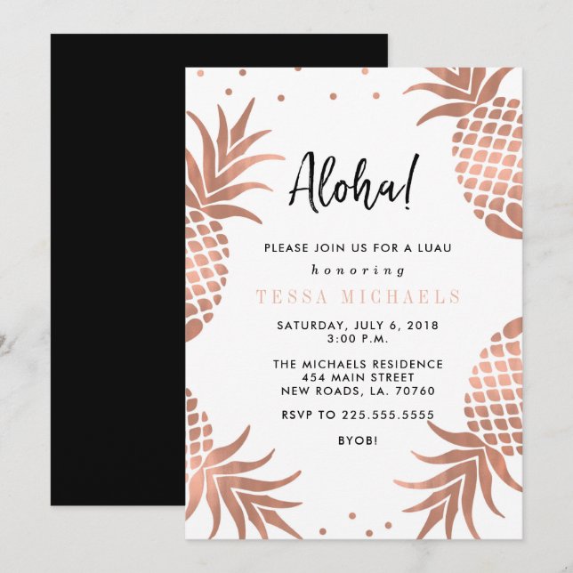 Rose Gold Pineapple Luau Party Invitations (Front/Back)