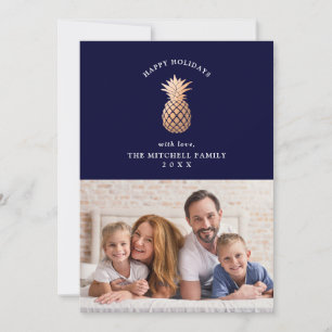 Rose Gold Pineapple on Navy Blue   Christmas Photo Holiday Card