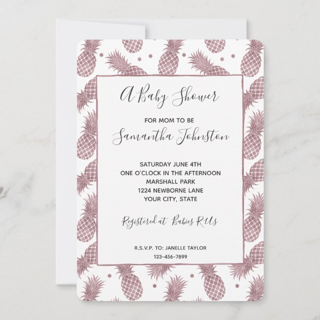 Rose Gold Pineapples Baby Shower Invitation (Back)