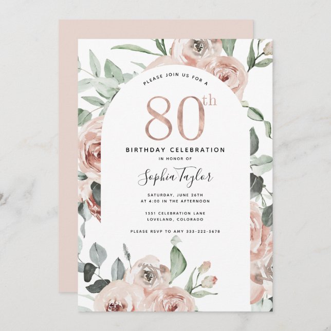 Rose Gold Pink 80e anniversaire Invitation (Devant / Derrière)