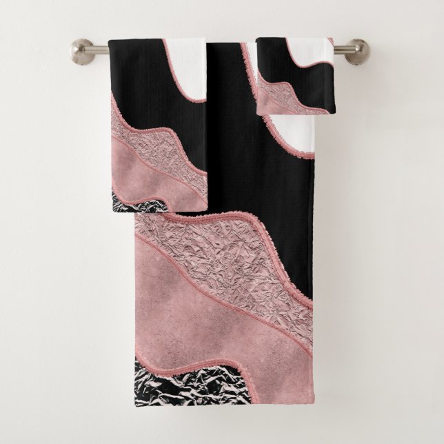 Rose Gold Pink Abstract Wave Modern Glam Trendy Ba Bath Towel Set (Insitu)
