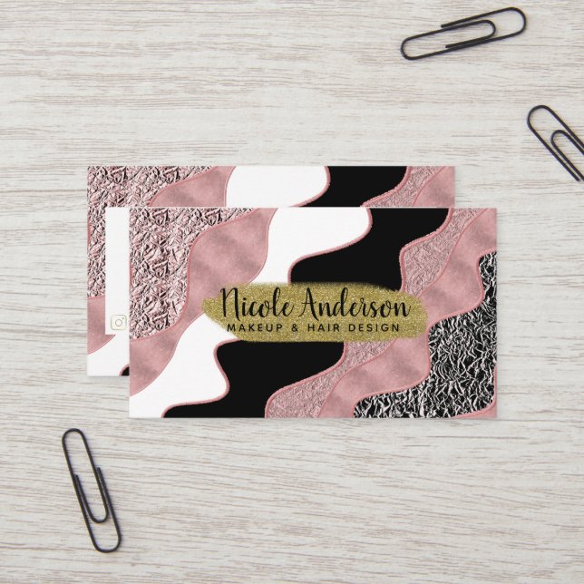 Rose Gold Pink Abstract Wave Modern Glam Trendy Business Card (Front/Back In Situ)