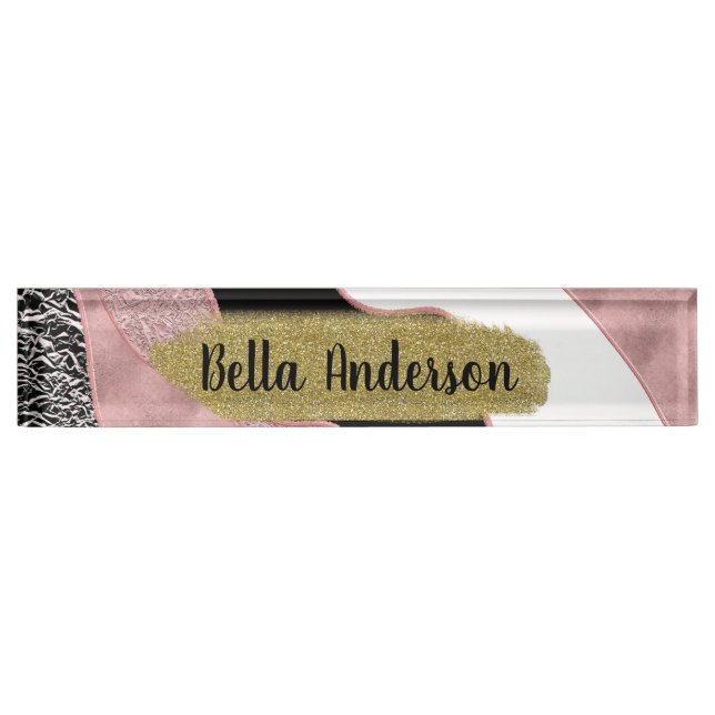 Rose Gold Pink Abstract Wave Modern Glam Trendy Nameplate (Front)