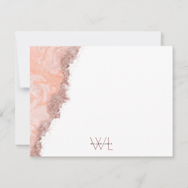 Rose Gold Pink Agate Geode Glitter Monogram Note Thank You Card (Front)