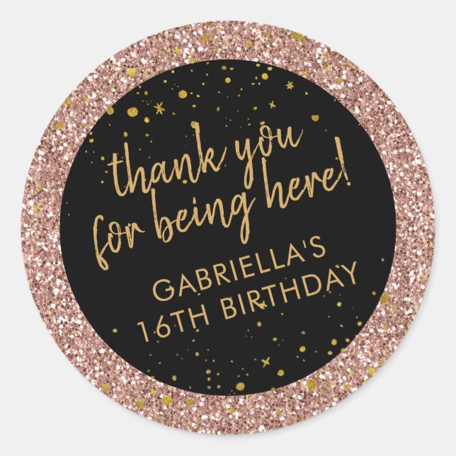 Rose Gold Pink and Black Glitter Thank You Favour Classic Round Sticker (Front)