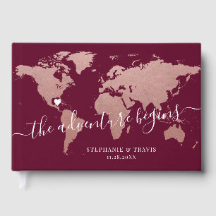 Rose Gold Pink and Burgundy World Map Guest Book