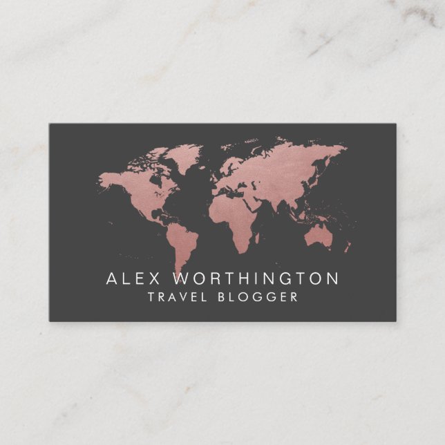 Rose Gold Pink and Grey World Map Business Card (Front)