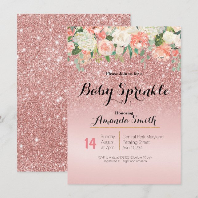 Rose Gold Pink Baby Invitation à saupoudrer (Devant / Derrière)