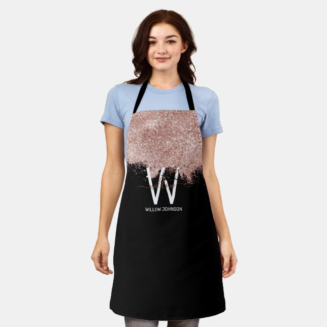 Rose Gold Pink Black Girly Glitter Dust Monogram Apron (Worn)