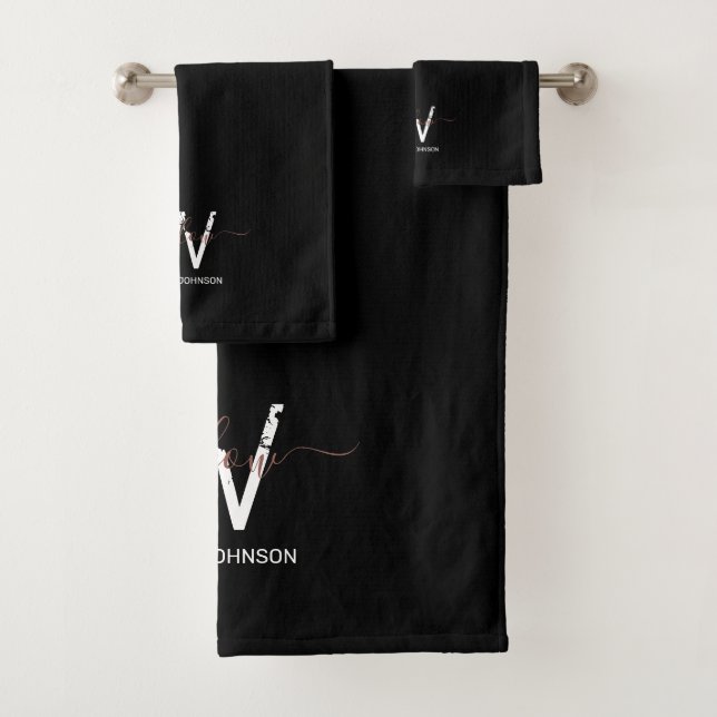 Rose Gold Pink Black Girly Glitter Dust Monogram Bath Towel Set (Insitu)