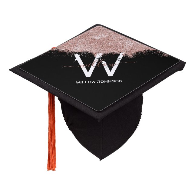 Rose Gold Pink Black Girly Glitter Dust Monogram Graduation Cap Topper (Angled)