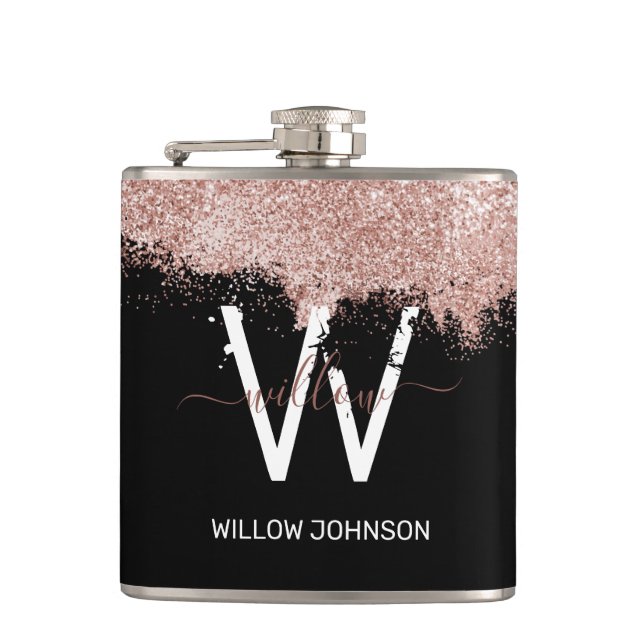 Rose Gold Pink Black Girly Glitter Dust Monogram Hip Flask (Front)