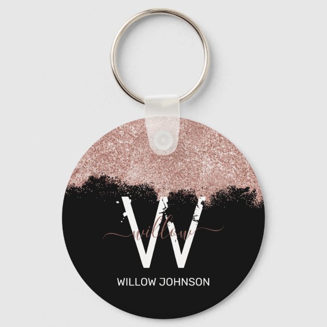 Rose Gold Pink & Black Girly Glitter Dust Monogram Keychain (Front)