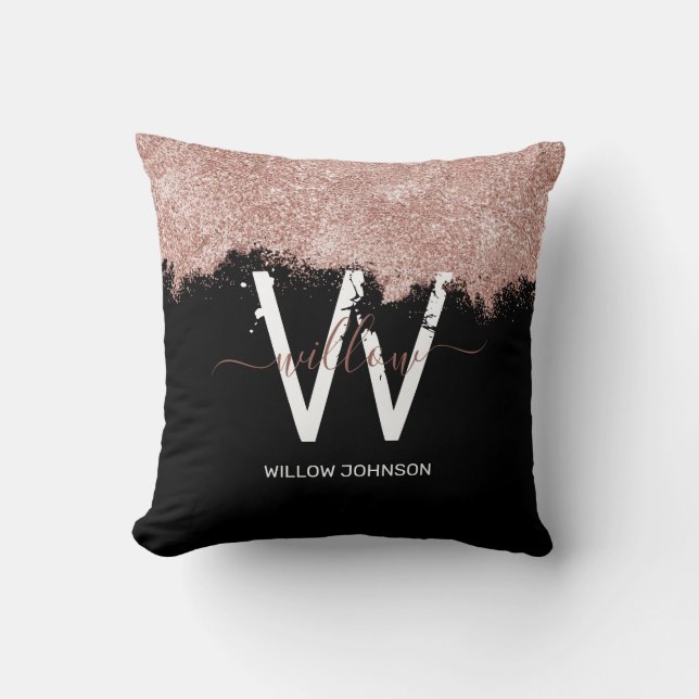 Rose Gold Pink Black Girly Glitter Dust Monogram Throw Pillow (Front)
