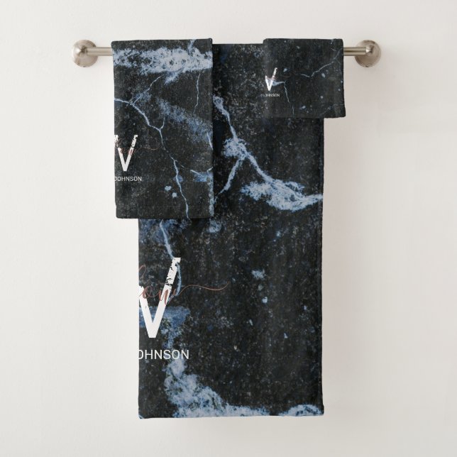 Rose Gold Pink Black Marble Glitter Dust Monogram  Bath Towel Set (Insitu)