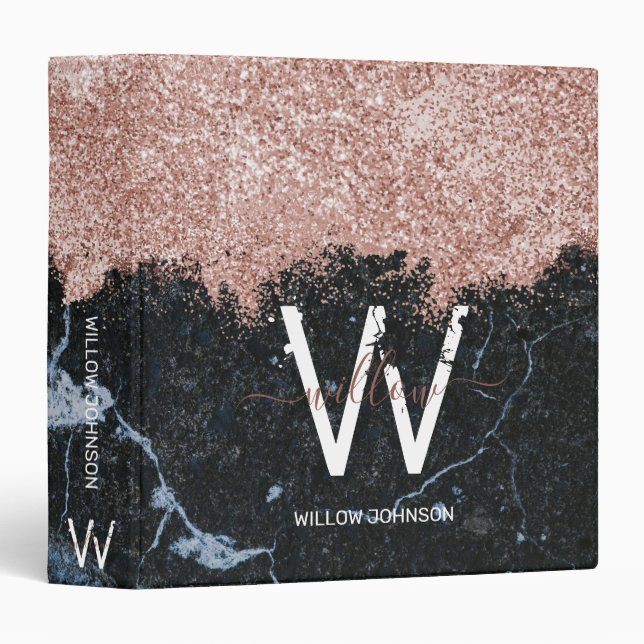 Rose Gold Pink Black Marble Glitter Dust Monogram Binder (Front/Spine)