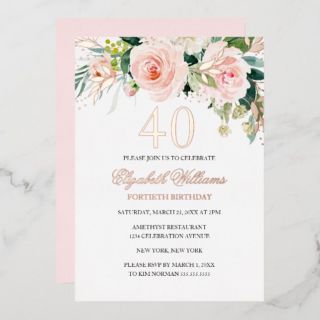 Rose Gold Pink Blush 40th Birthday Foil Invitation (Front/Back)