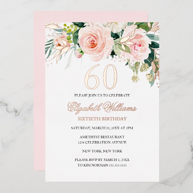 Rose Gold Pink Blush 60th Birthday Foil Invitation (Front/Back)