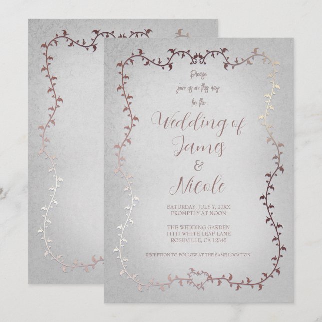 Rose Gold Pink Botanical Leaves Storybook Wedding Invitation (Front/Back)