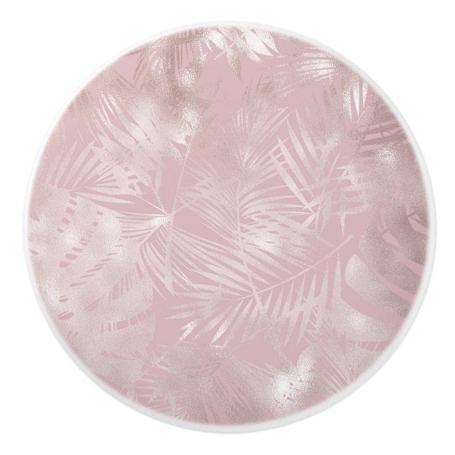 Rose Gold Pink Botanical Tropical Palm Tree Leaves Ceramic Knob (Front)