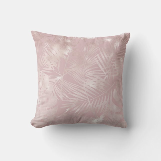 Rose Gold Pink Botanical Tropical Palm Tree Leaves Throw Pillow (Front)