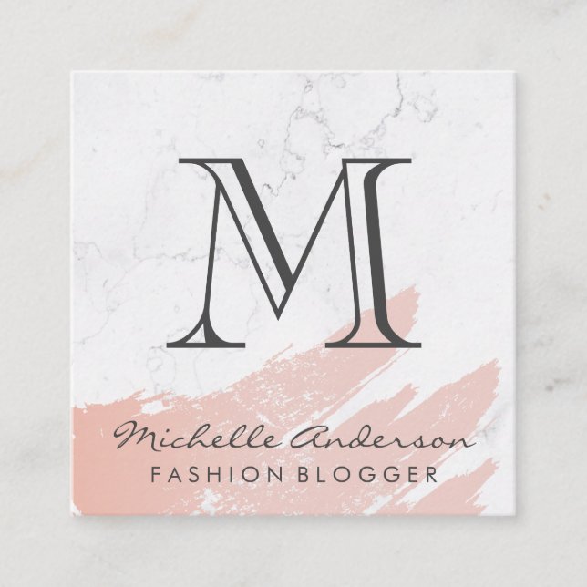 Rose Gold Pink Brushed | Marble | Classic Monogram Square Business Card (Front)