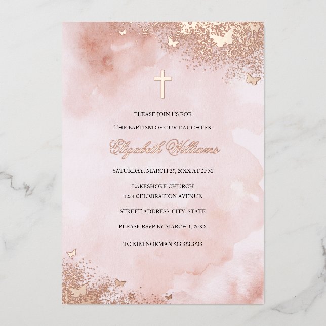 Rose Gold Pink Butterfly Cross Girl Baptism (Front)