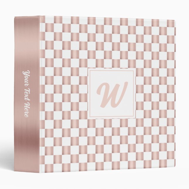 Rose Gold Pink Chequerboard Pattern Monogram  Binder (Front/Spine)