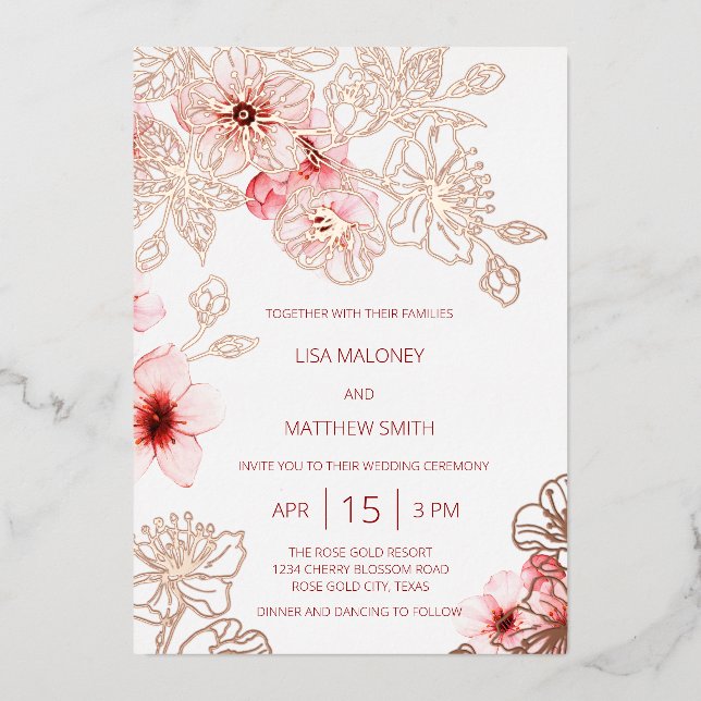 Rose Gold  Pink Cherry Blossom Wedding (Front)