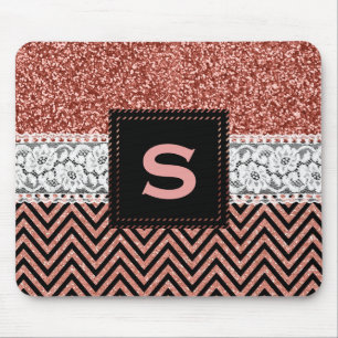 Rose Gold Pink Chevrons Glam Glitter Monogrammed Mouse Pad