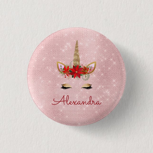 Rose Gold Pink Christmas Unicorn Monogram 1 Inch Round Button (Front)