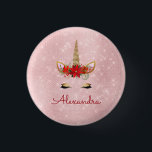 Rose Gold Pink Christmas Unicorn Monogram 1 Inch Round Button<br><div class="desc">Cute Girly Girl's Blush Pink - Rose Gold Holiday Christmas Unicorn with Floral Red Crown Button or Pin which makes a personalized stocking stuffer. This Christmas Button can be customized to include your monogrammed name script signature. Please contact the designer for matching items.</div>