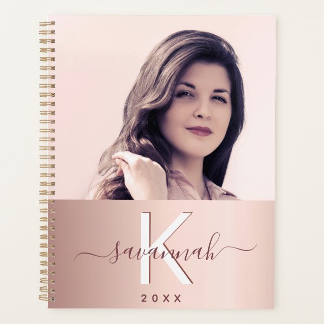 Rose gold pink custom photo monogram 2025 planner (Front)