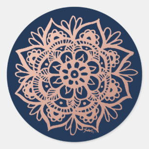 Rose Gold Pink Dark Blue Mandala Flower Classic Round Sticker