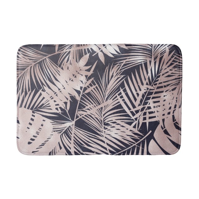 Rose Gold Pink Dark Tropical Palm Tree Leaves Bath Mat (Front)