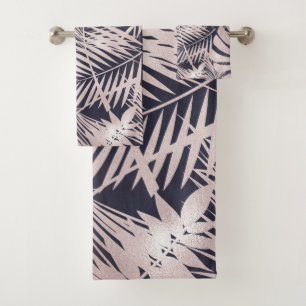 Rose Gold Pink Dark Tropical Palm Tree Leaves Bath Towel Set